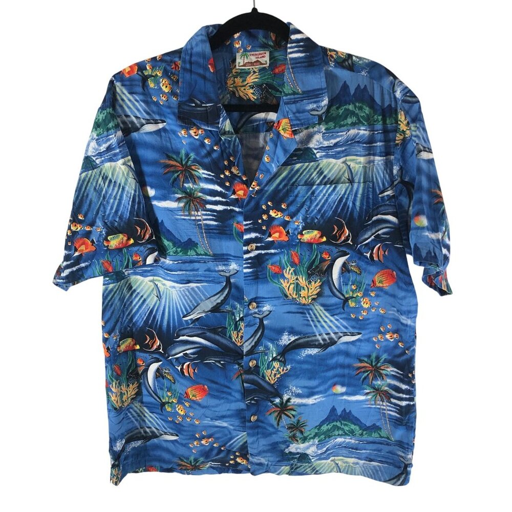 Evergreen Island Mens Hawaiian Shirt Vintage Cotton Made in Hawaii Fish Blue L